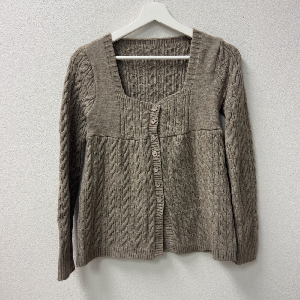 Women's Cardigan S Brown Empire Waist Cable Knit Square Neck Coquette Victorian